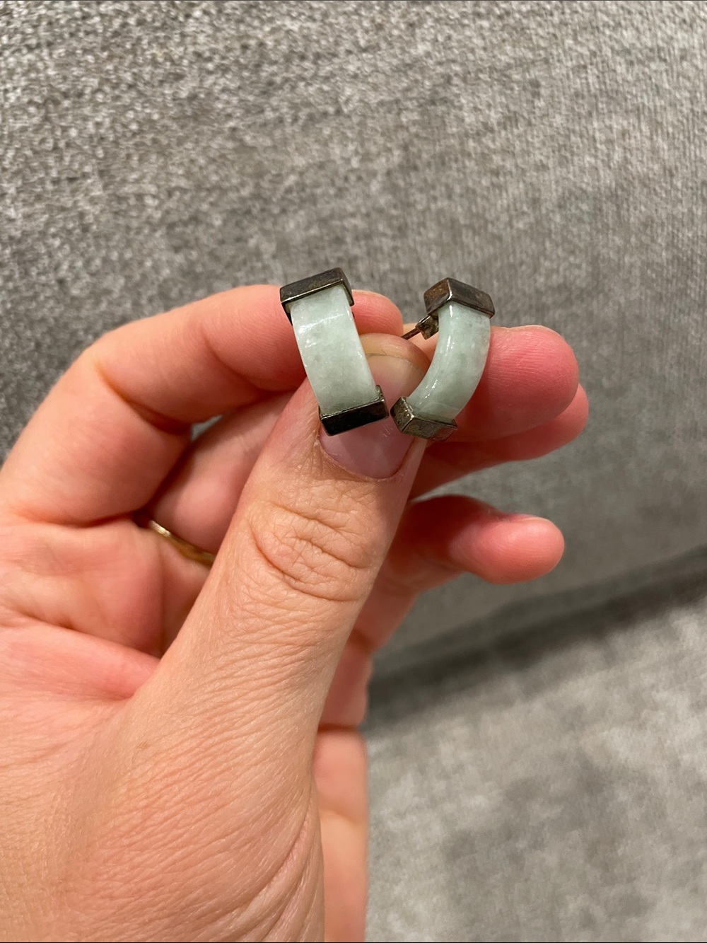 Light Green Jade Hoop Earrings with Silver-Tone Accents